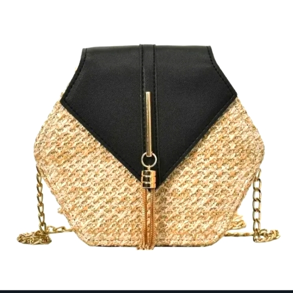 Handbags - Straw/Black Faux Leather Octagon Crossbody